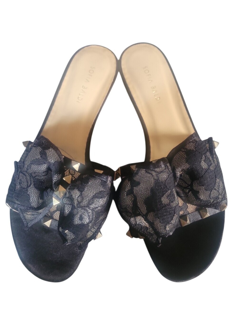 Sofia Baldi Carina Black Floral Lace Bow Studded Flat  Slide Sandals Sz 39
